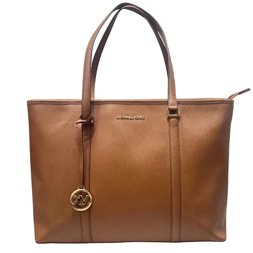 Michael‎ Kors Saffiano Leather Tote Bag Womens Large Luggage Brown Zip